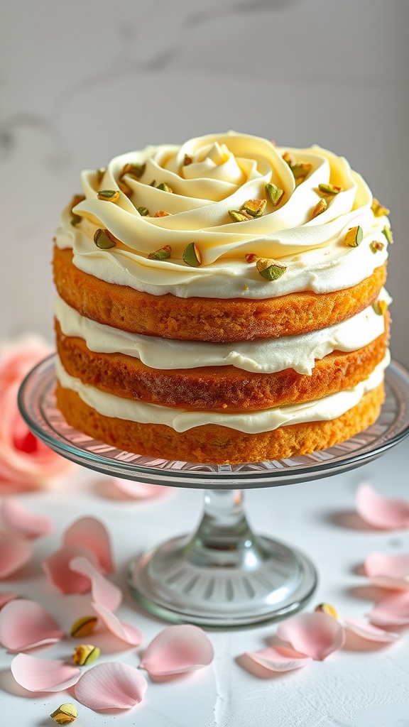 Layered pistachio rose cake with frosting and crushed pistachios, decorated with rose petals on a cake stand.